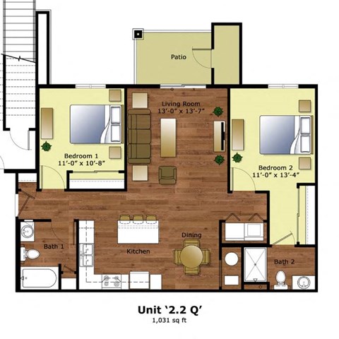 Floor plan for 2 beds, 2 baths, 1031 sqft